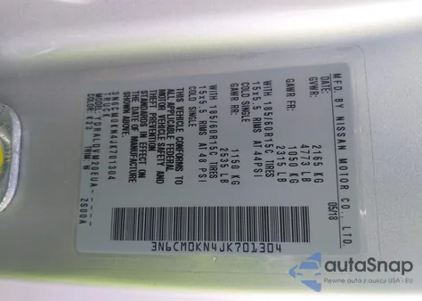 2018 Nissan Nv200 S z USA, uszkodzony, nr VIN 3N6CM0KN4JK701304